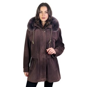 SELECTION PURPLE SUEDE HOODED PARKA JACKET WITH FUR TRIM WOMAN XL/XG